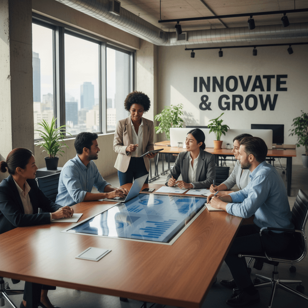 Professional business team collaboration in modern office with diverse members working together