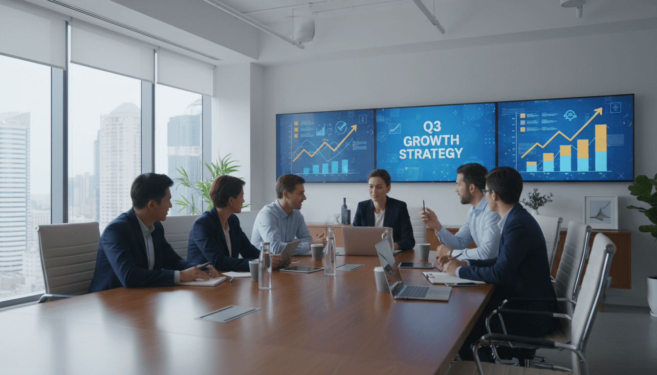 professional business team meeting in modern office with financial charts and laptop