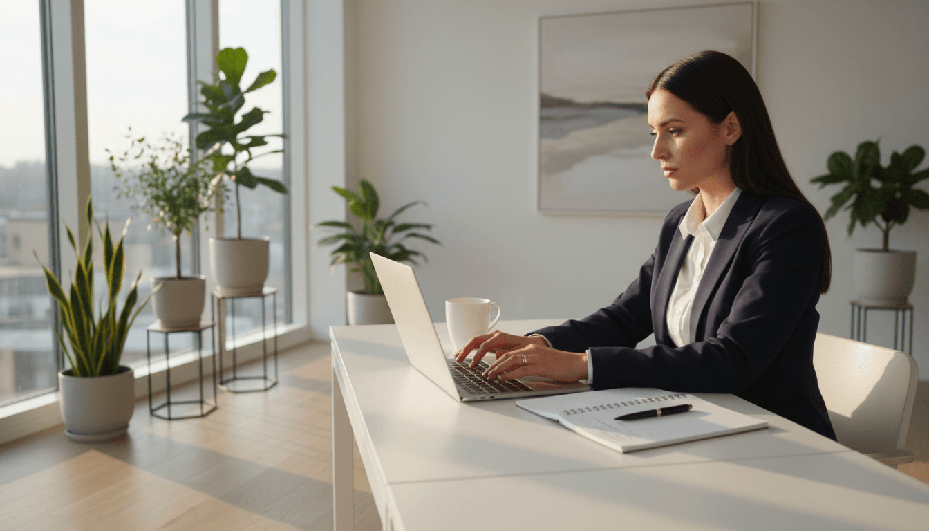 Professional focused on work at minimalist desk with laptop and notepad in naturally-lit contemporary office