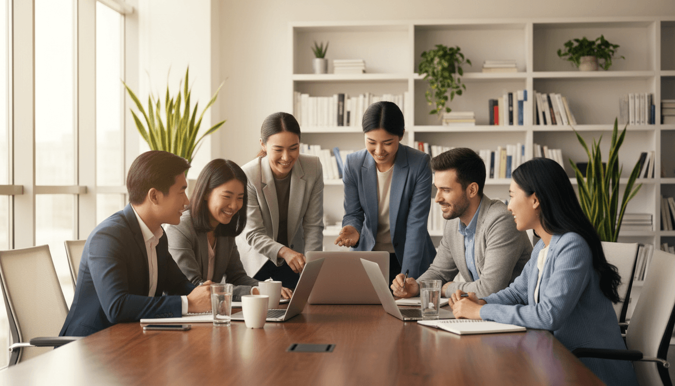 FRS GLOBE team collaborating in a modern office workspace