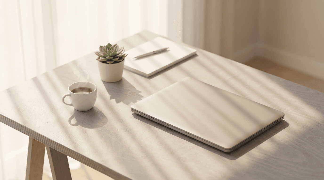 Professional workspace with laptop and business materials